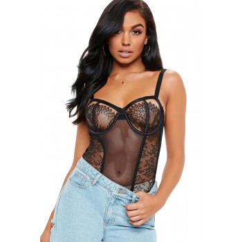 Wired Cups Black Lace Mesh Bodysuit